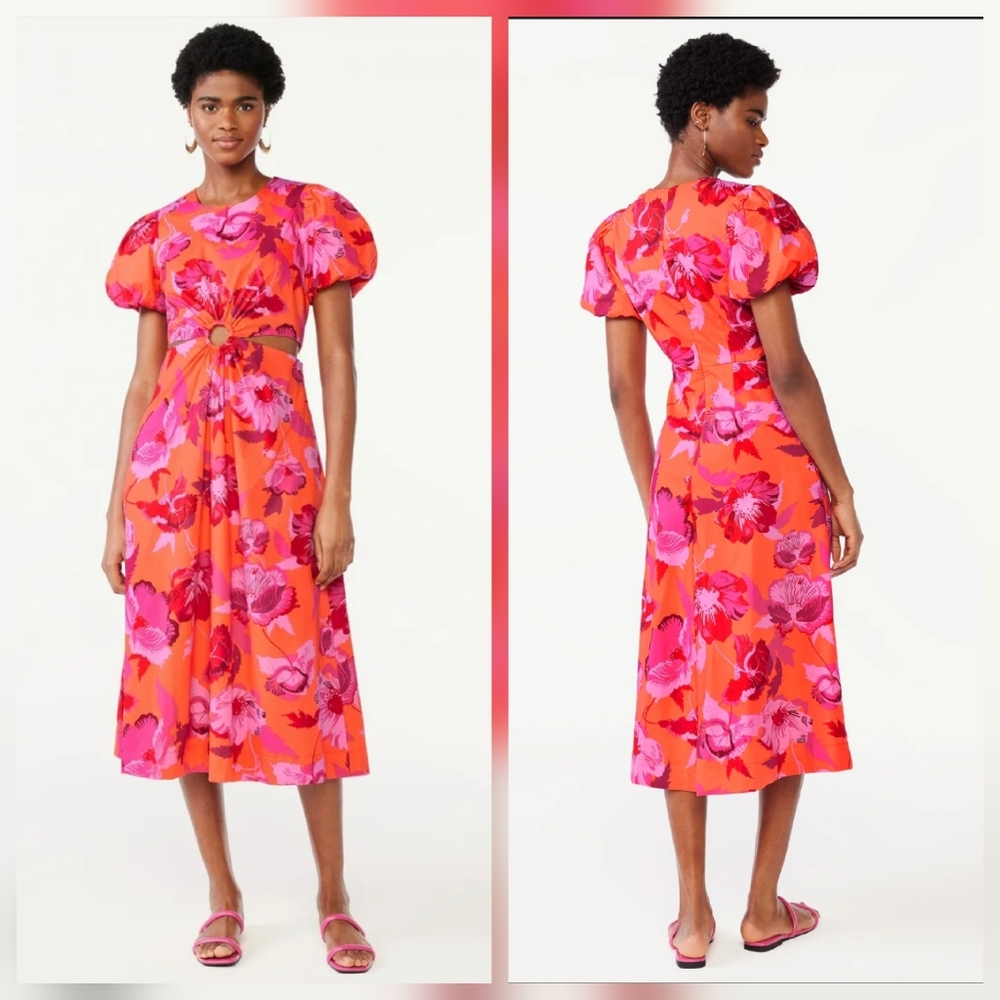 Floral Midi Dress in Vibrant Pink and Orange